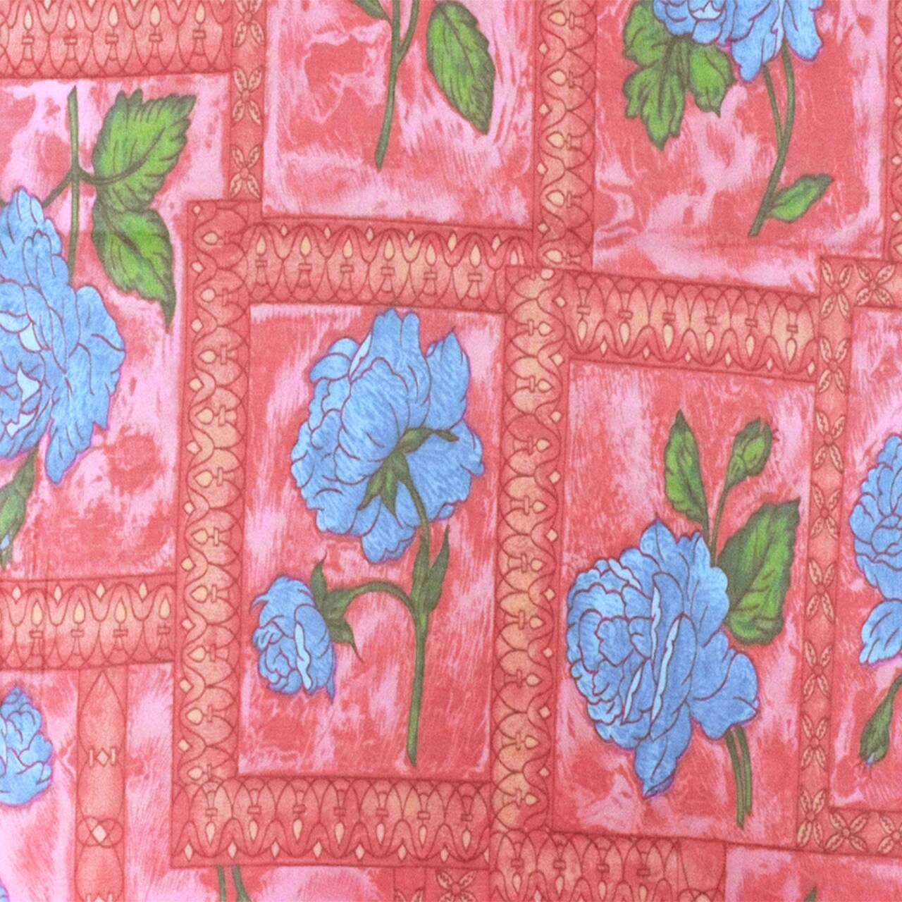 Flower Pink-Blue-Multi Floral Frame Printed Cotton Sateen Fabric By the Yard